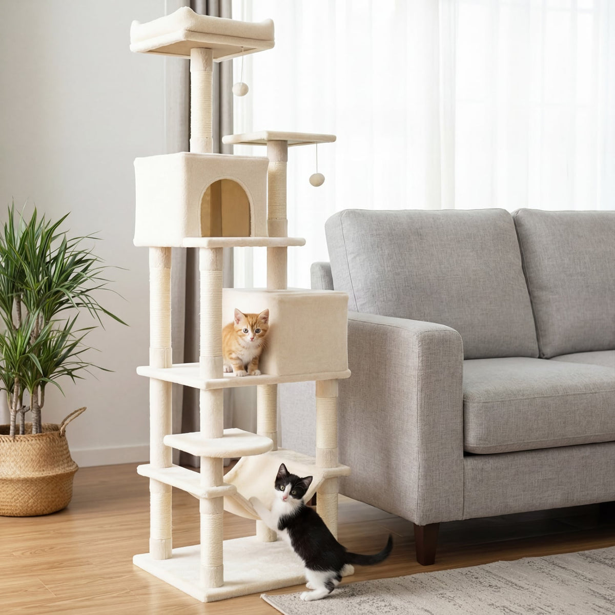 Multi-level Cat Tree Modern Cat Tower with Upholstered Perch and 2 Cat Condo-Beige-Cat Trees & Scratchers-DECOROLALA