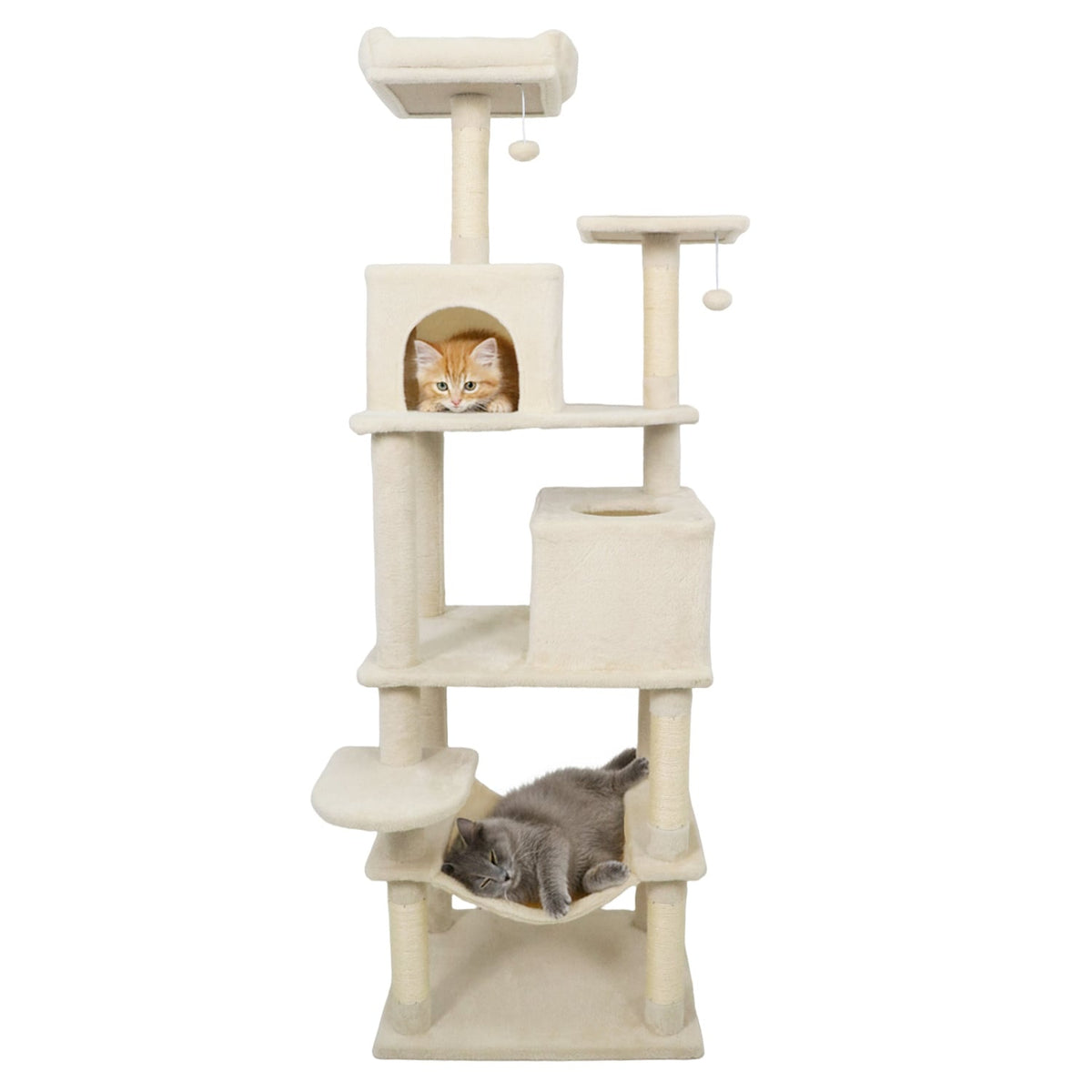 Multi-level Cat Tree Modern Cat Tower with Upholstered Perch and 2 Cat Condo-Beige-Cat Trees & Scratchers-DECOROLALA