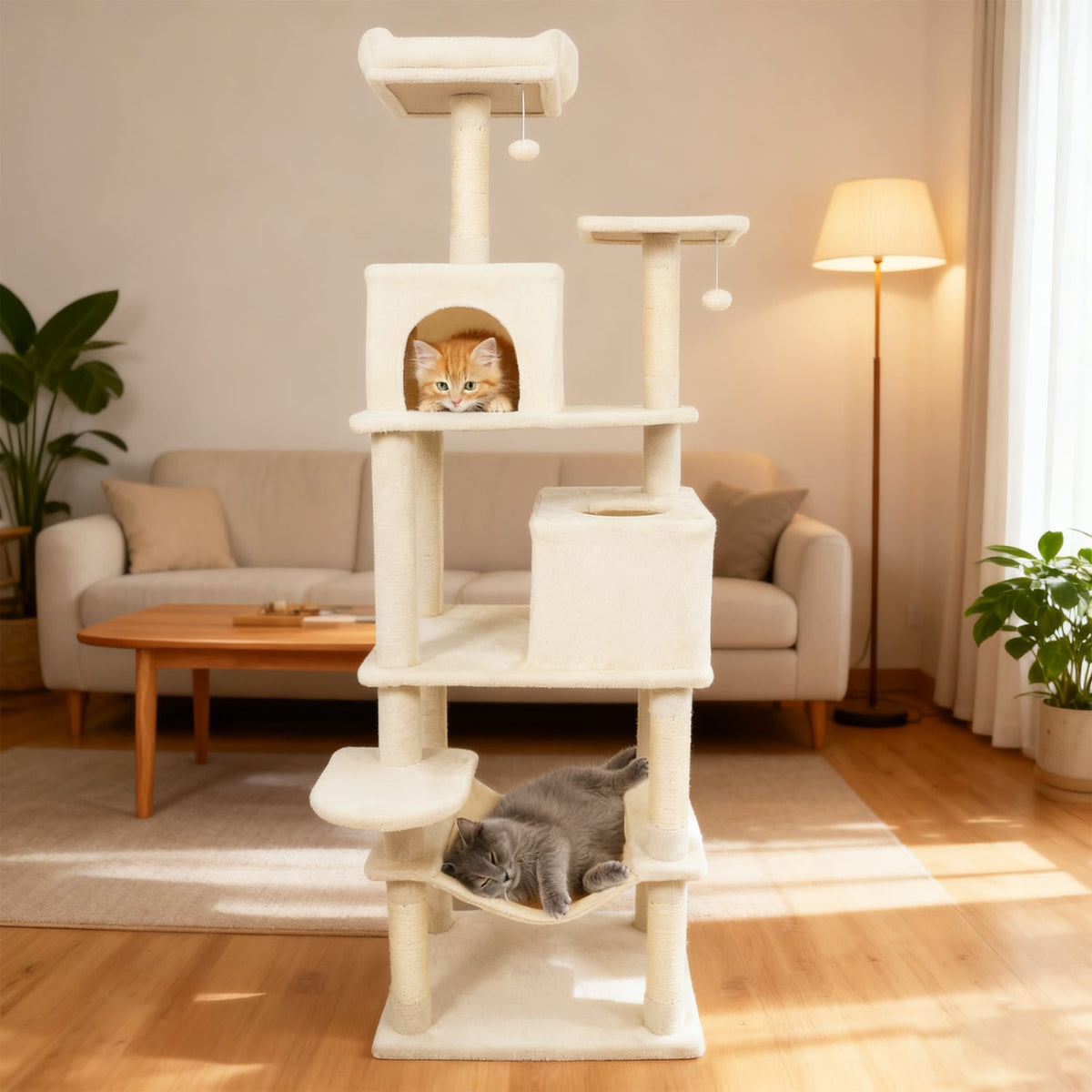 Multi-level Cat Tree Modern Cat Tower with Upholstered Perch and 2 Cat Condo-Beige-Cat Trees & Scratchers-DECOROLALA