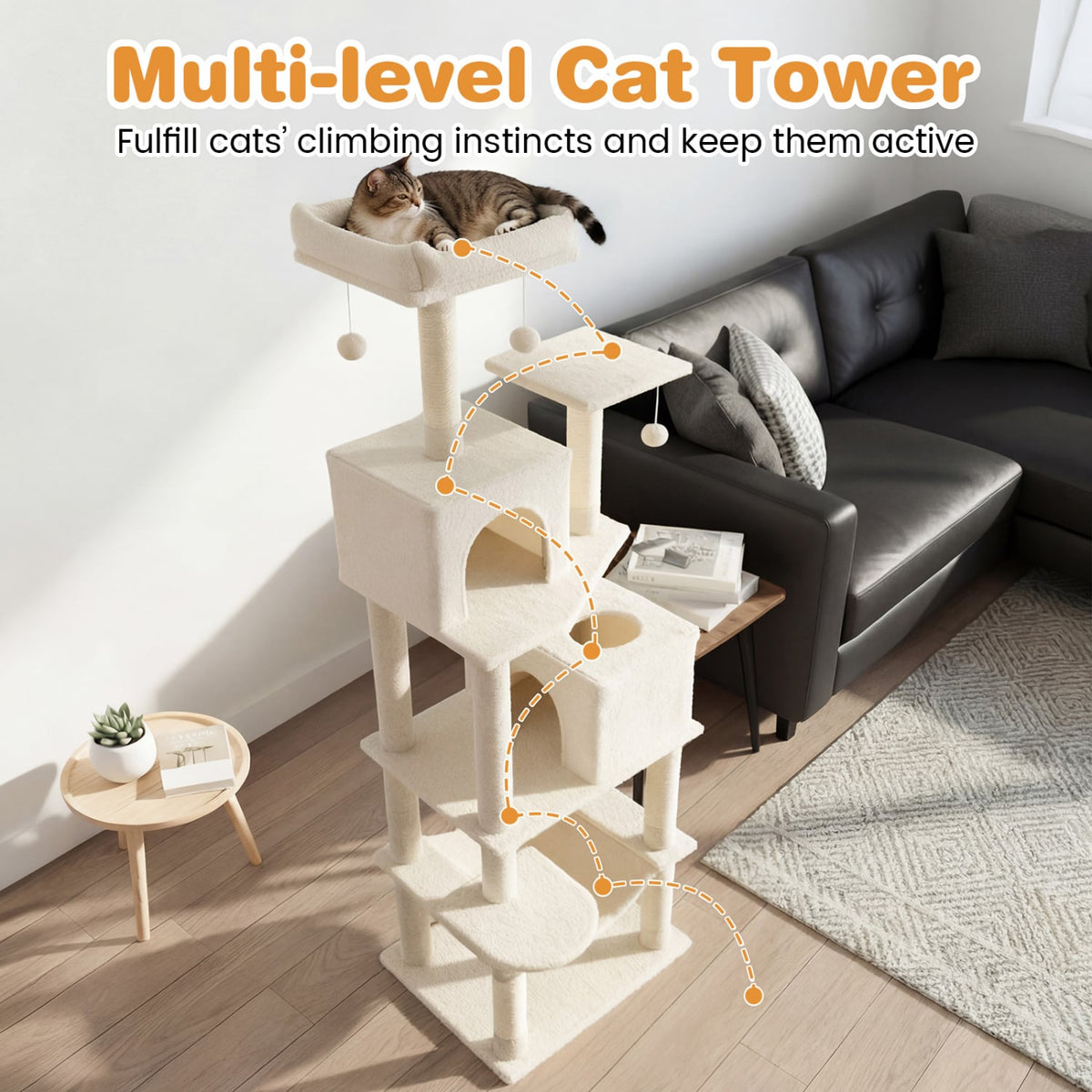 Multi-level Cat Tree Modern Cat Tower with Upholstered Perch and 2 Cat Condo-Beige-Cat Trees & Scratchers-DECOROLALA