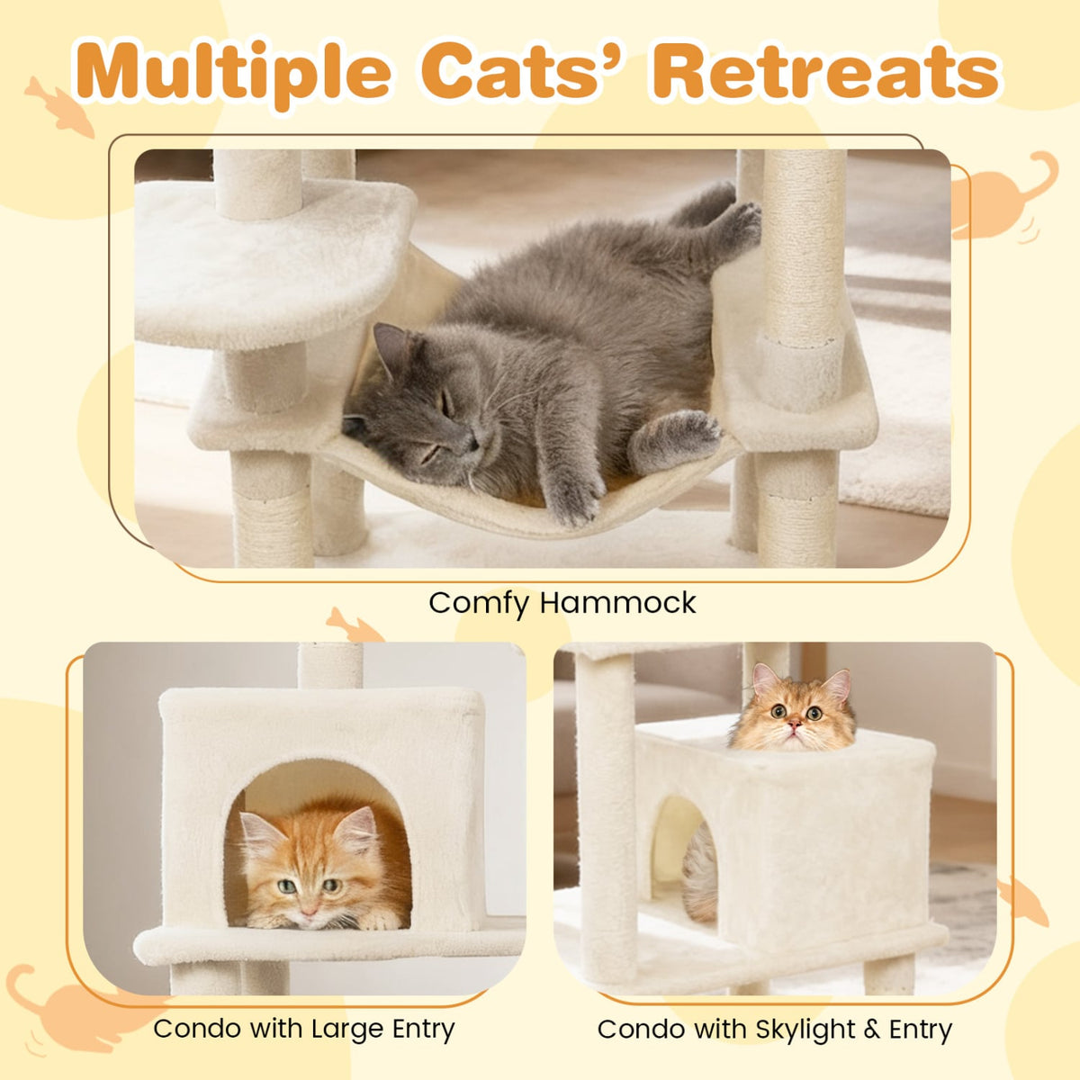 Multi-level Cat Tree Modern Cat Tower with Upholstered Perch and 2 Cat Condo-Beige-Cat Trees & Scratchers-DECOROLALA