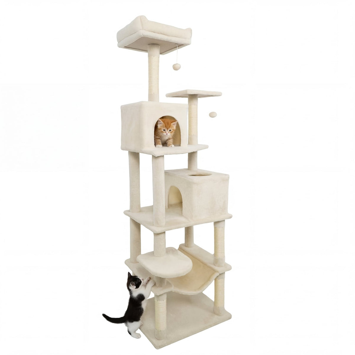 Multi-level Cat Tree Modern Cat Tower with Upholstered Perch and 2 Cat Condo-Beige-Cat Trees & Scratchers-DECOROLALA