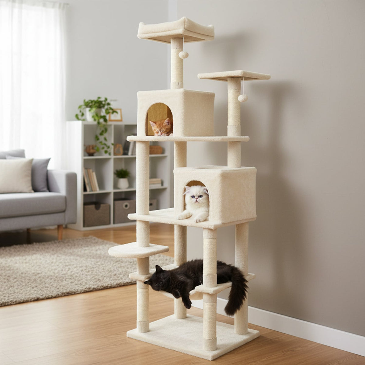 Multi-level Cat Tree Modern Cat Tower with Upholstered Perch and 2 Cat Condo-Beige-Cat Trees & Scratchers-DECOROLALA