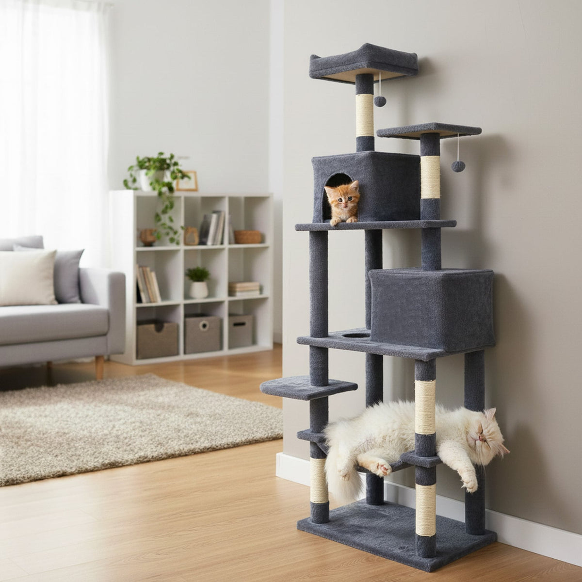 Multi-level Cat Tree Modern Cat Tower with Upholstered Perch and 2 Cat Condo-Dark Gray-Cat Trees & Scratchers-DECOROLALA