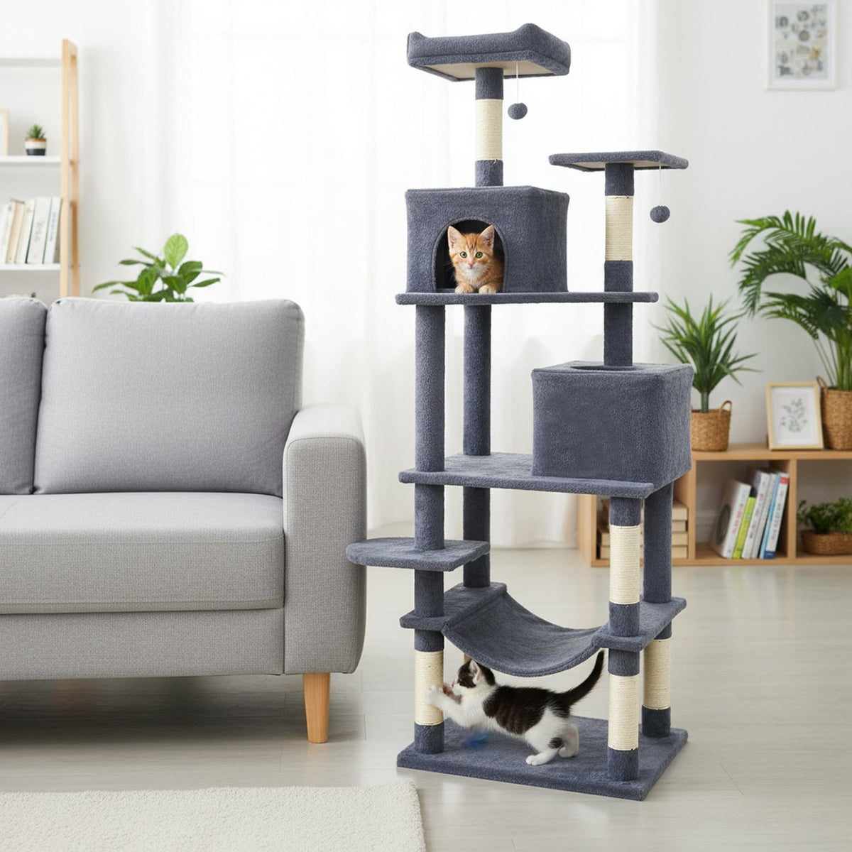 Multi-level Cat Tree Modern Cat Tower with Upholstered Perch and 2 Cat Condo-Dark Gray-Cat Trees & Scratchers-DECOROLALA