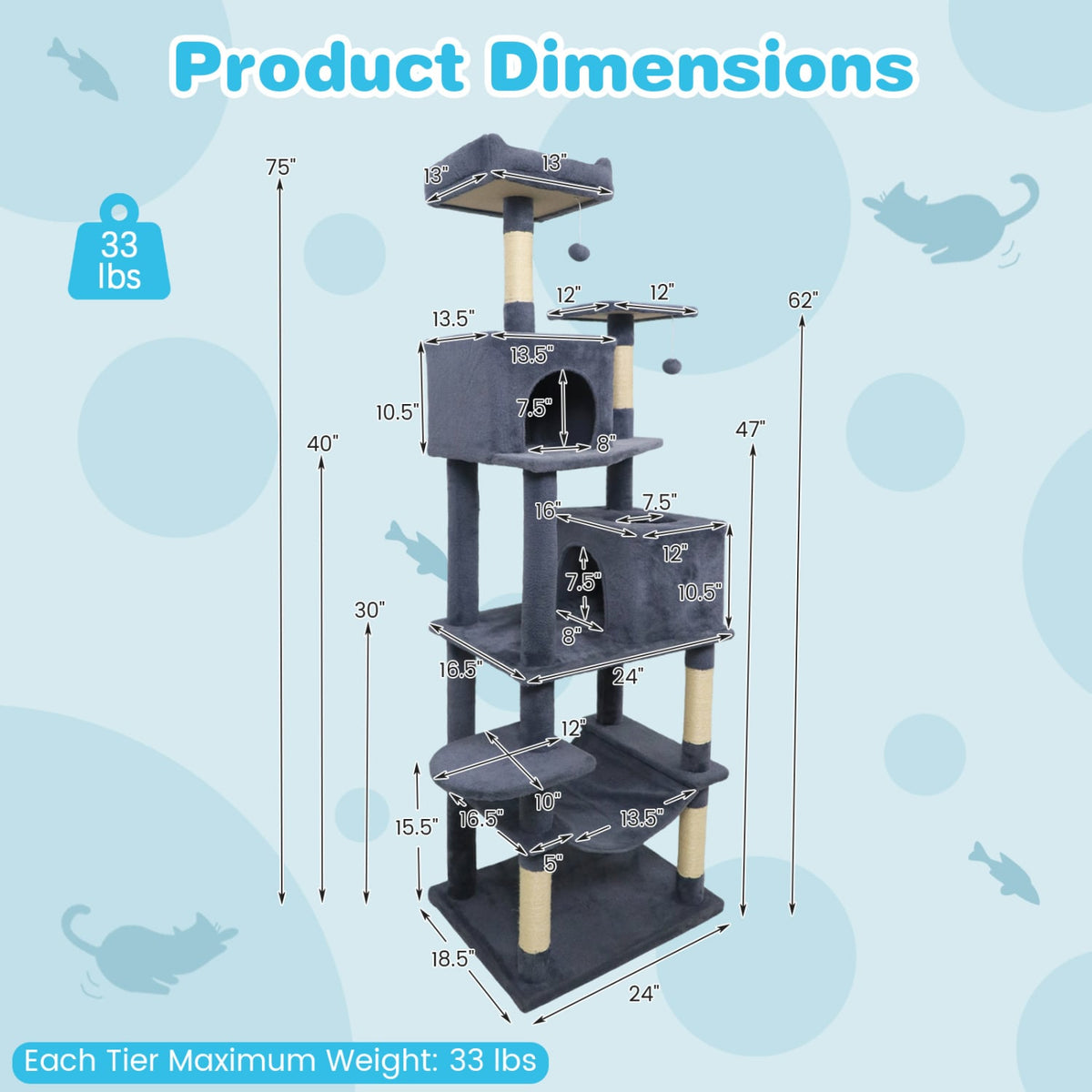 Multi-level Cat Tree Modern Cat Tower with Upholstered Perch and 2 Cat Condo-Dark Gray-Cat Trees & Scratchers-DECOROLALA