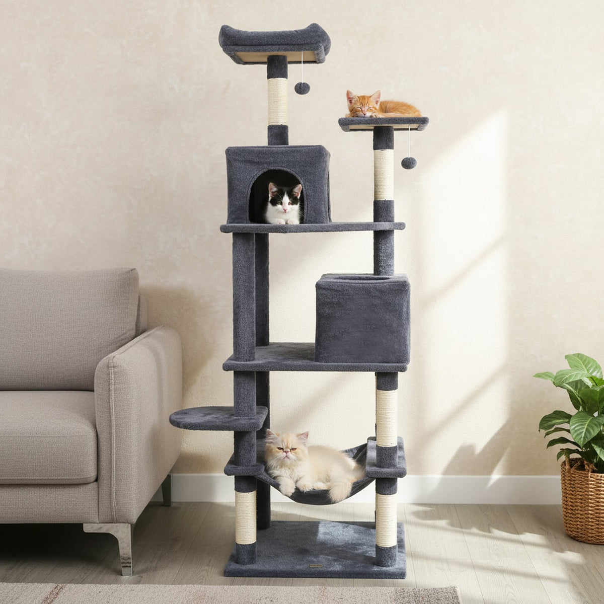 Multi-level Cat Tree Modern Cat Tower with Upholstered Perch and 2 Cat Condo-Dark Gray-Cat Trees & Scratchers-DECOROLALA