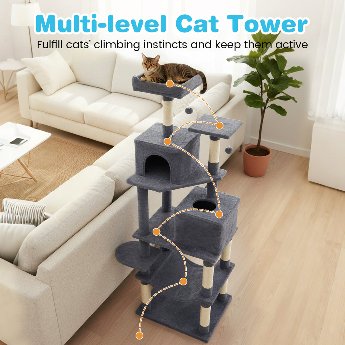 Multi-level Cat Tree Modern Cat Tower with Upholstered Perch and 2 Cat Condo-Dark Gray-Cat Trees & Scratchers-DECOROLALA