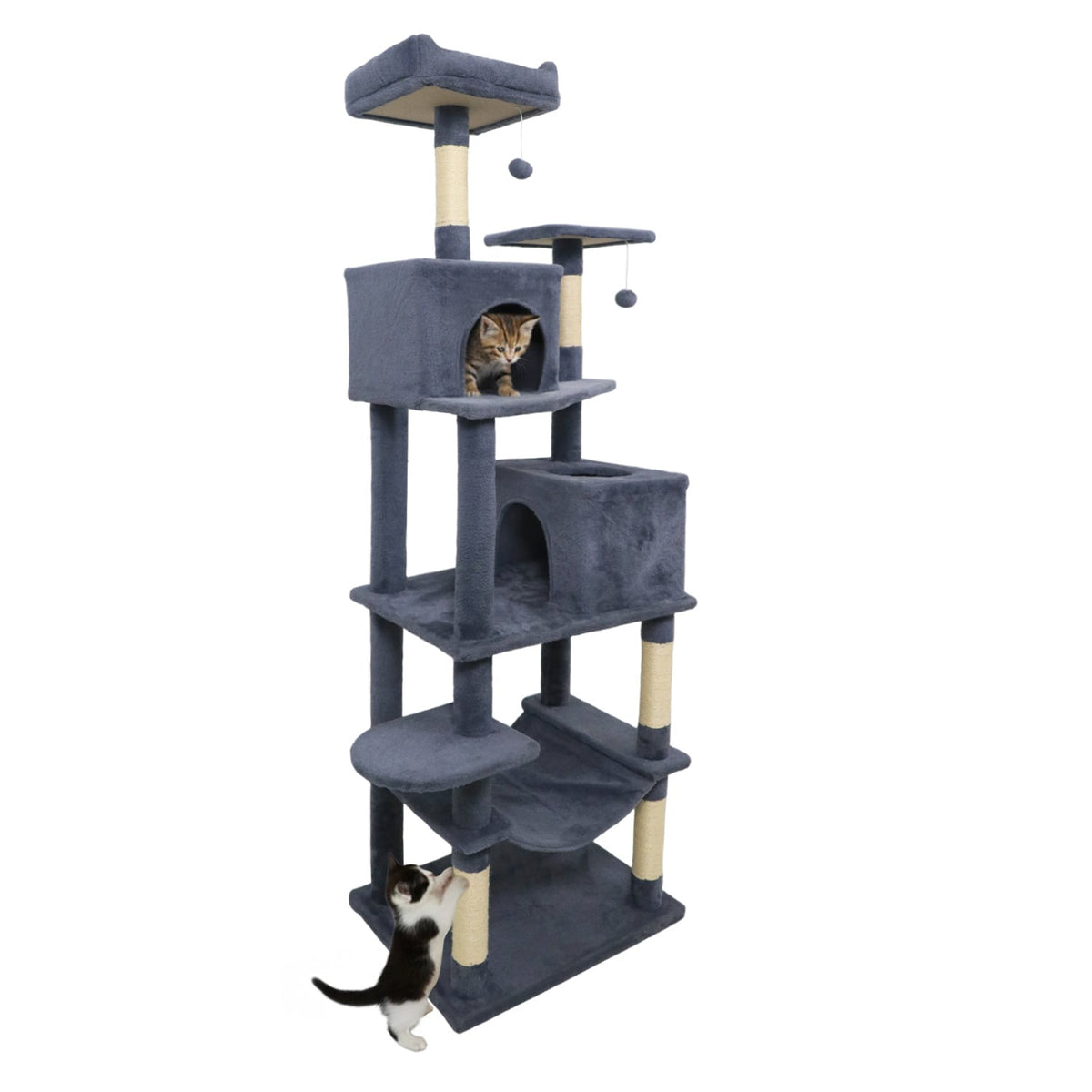 Multi-level Cat Tree Modern Cat Tower with Upholstered Perch and 2 Cat Condo-Dark Gray-Cat Trees & Scratchers-DECOROLALA