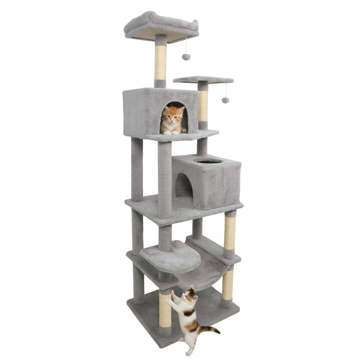 Multi-level Cat Tree Modern Cat Tower with Upholstered Perch and 2 Cat Condo-Gray-Cat Trees & Scratchers-DECOROLALA