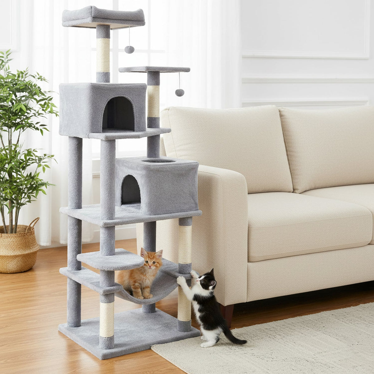 Multi-level Cat Tree Modern Cat Tower with Upholstered Perch and 2 Cat Condo-Gray-Cat Trees & Scratchers-DECOROLALA