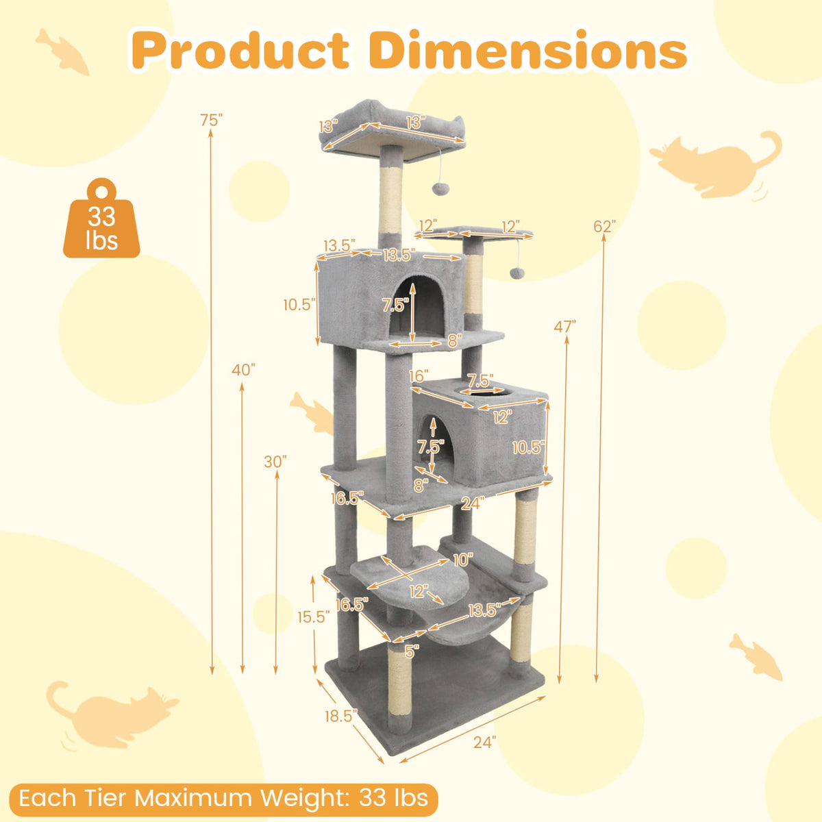 Multi-level Cat Tree Modern Cat Tower with Upholstered Perch and 2 Cat Condo-Gray-Cat Trees & Scratchers-DECOROLALA