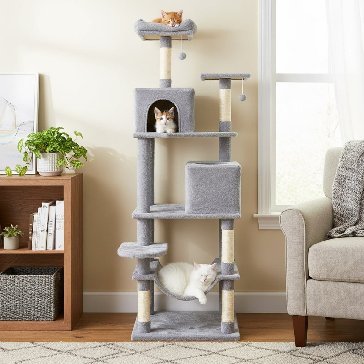 Multi-level Cat Tree Modern Cat Tower with Upholstered Perch and 2 Cat Condo-Gray-Cat Trees & Scratchers-DECOROLALA