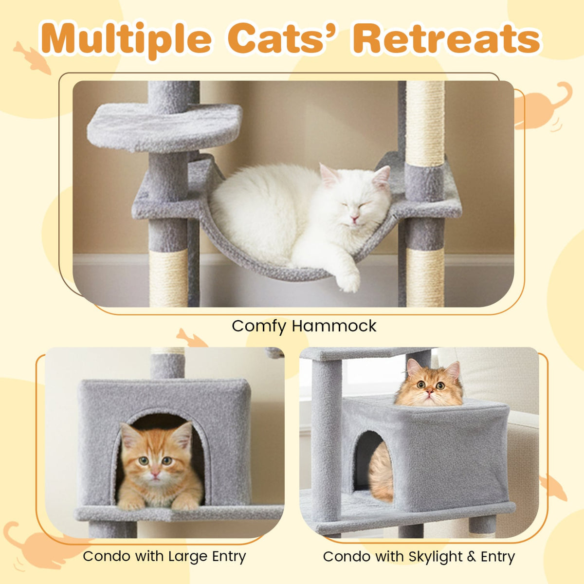 Multi-level Cat Tree Modern Cat Tower with Upholstered Perch and 2 Cat Condo-Gray-Cat Trees & Scratchers-DECOROLALA