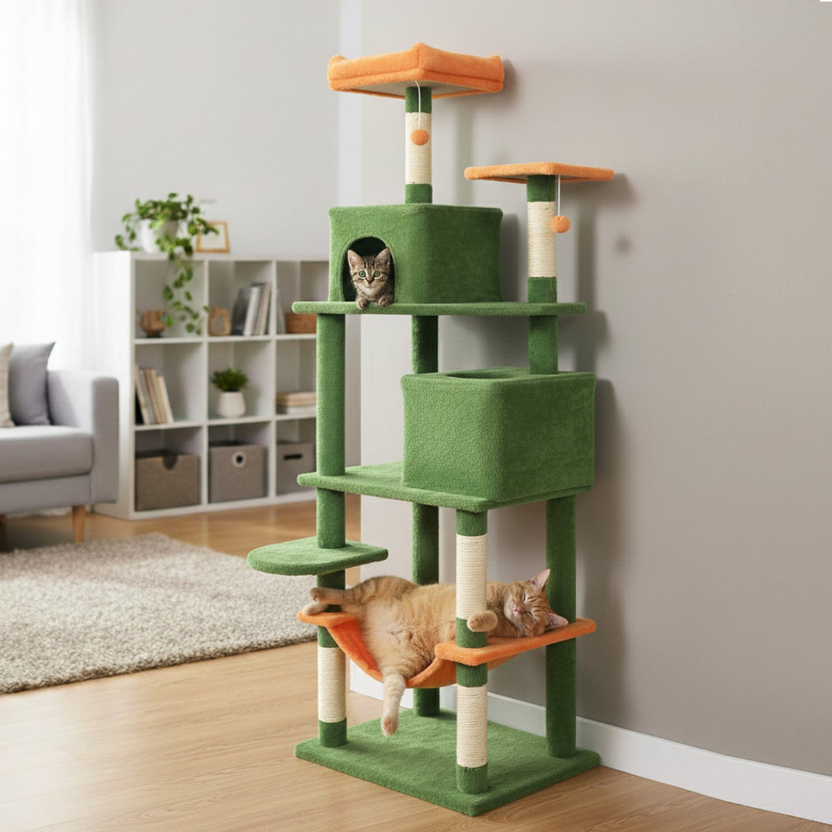Multi-level Cat Tree Modern Cat Tower with Upholstered Perch and 2 Cat Condo-Green-Cat Trees & Scratchers-DECOROLALA