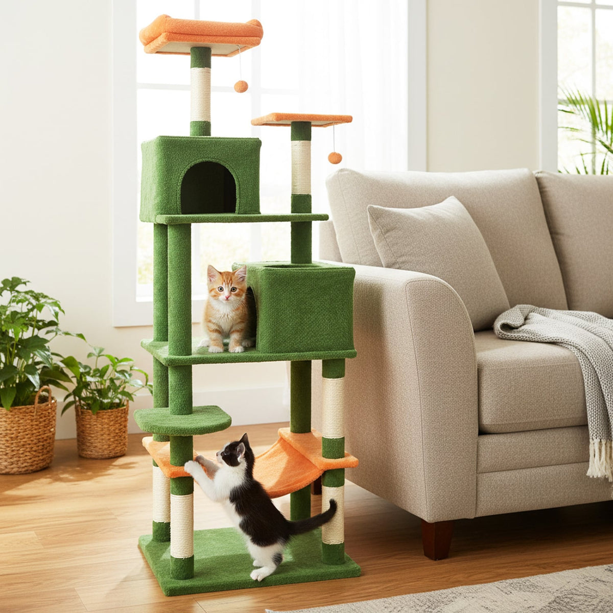 Multi-level Cat Tree Modern Cat Tower with Upholstered Perch and 2 Cat Condo-Green-Cat Trees & Scratchers-DECOROLALA