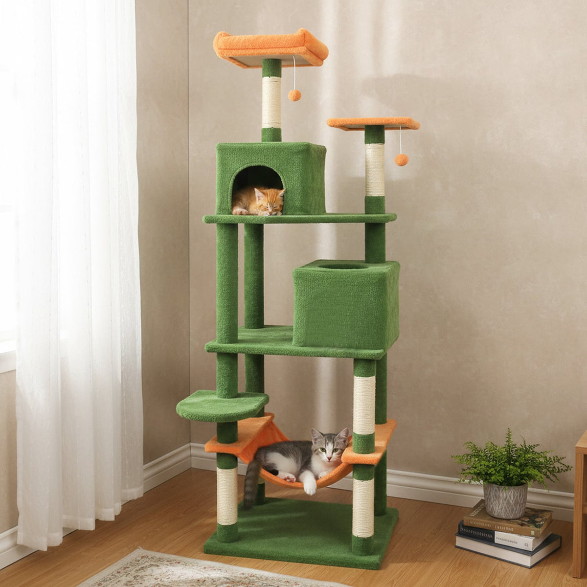 Multi-level Cat Tree Modern Cat Tower with Upholstered Perch and 2 Cat Condo-Green-Cat Trees & Scratchers-DECOROLALA