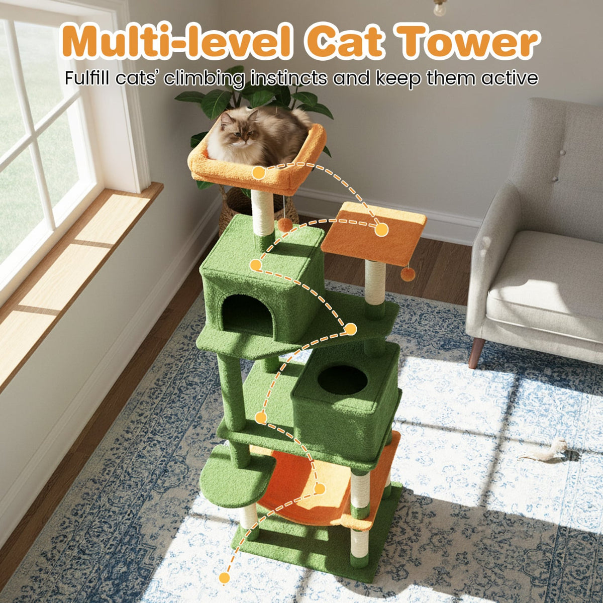 Multi-level Cat Tree Modern Cat Tower with Upholstered Perch and 2 Cat Condo-Green-Cat Trees & Scratchers-DECOROLALA