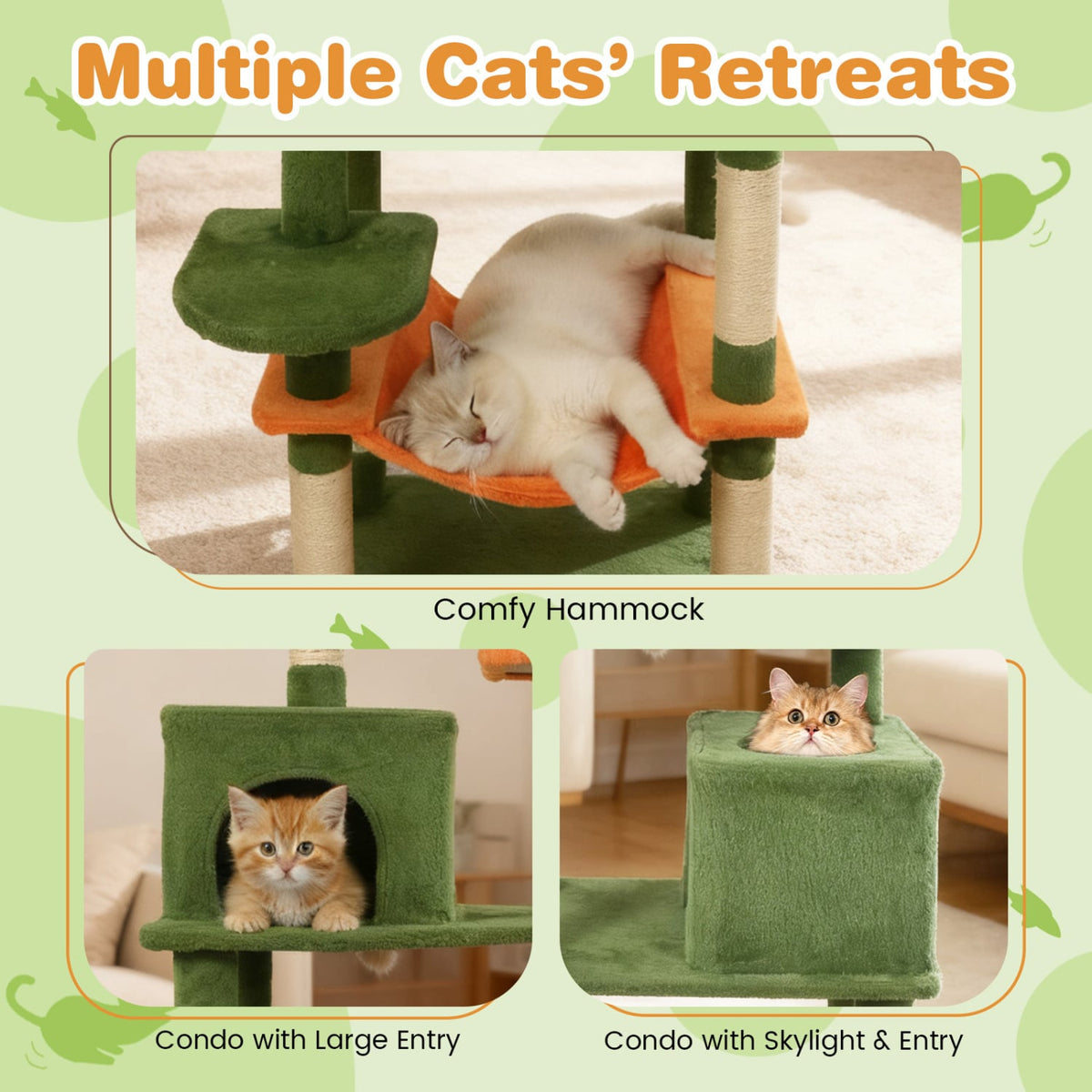 Multi-level Cat Tree Modern Cat Tower with Upholstered Perch and 2 Cat Condo-Green-Cat Trees & Scratchers-DECOROLALA