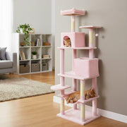 Multi-level Cat Tree Modern Cat Tower with Upholstered Perch and 2 Cat Condo-Pink-Cat Trees & Scratchers-DECOROLALA