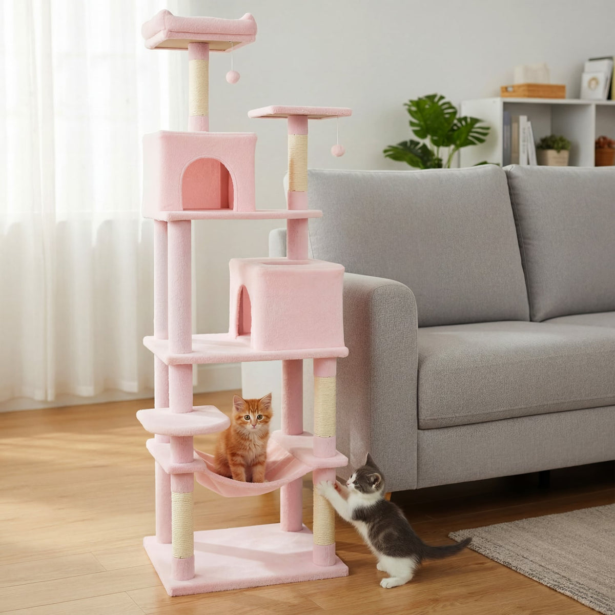 Multi-level Cat Tree Modern Cat Tower with Upholstered Perch and 2 Cat Condo-Pink-Cat Trees & Scratchers-DECOROLALA
