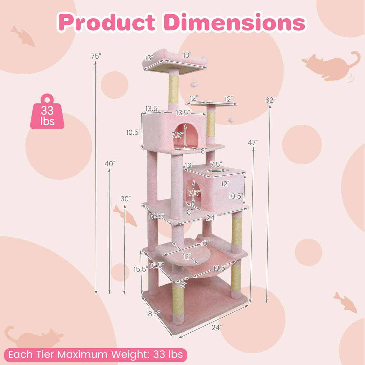 Multi-level Cat Tree Modern Cat Tower with Upholstered Perch and 2 Cat Condo-Pink-Cat Trees & Scratchers-DECOROLALA