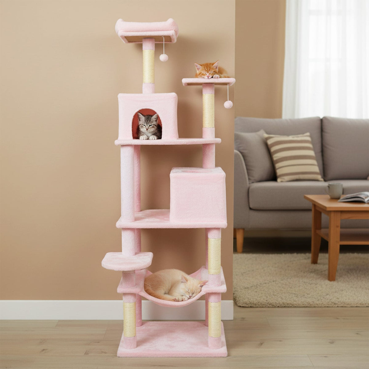 Multi-level Cat Tree Modern Cat Tower with Upholstered Perch and 2 Cat Condo-Pink-Cat Trees & Scratchers-DECOROLALA