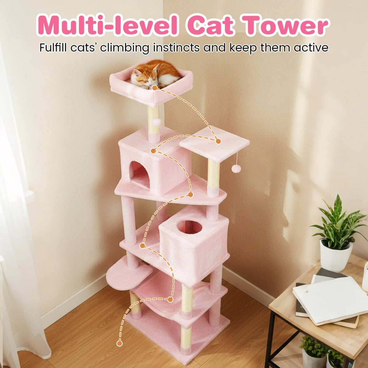 Multi-level Cat Tree Modern Cat Tower with Upholstered Perch and 2 Cat Condo-Pink-Cat Trees & Scratchers-DECOROLALA