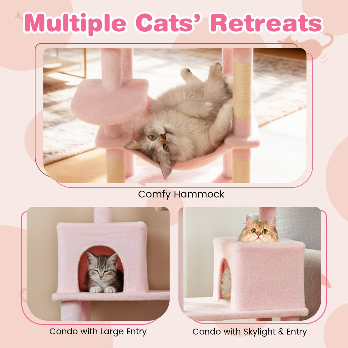 Multi-level Cat Tree Modern Cat Tower with Upholstered Perch and 2 Cat Condo-Pink-Cat Trees & Scratchers-DECOROLALA