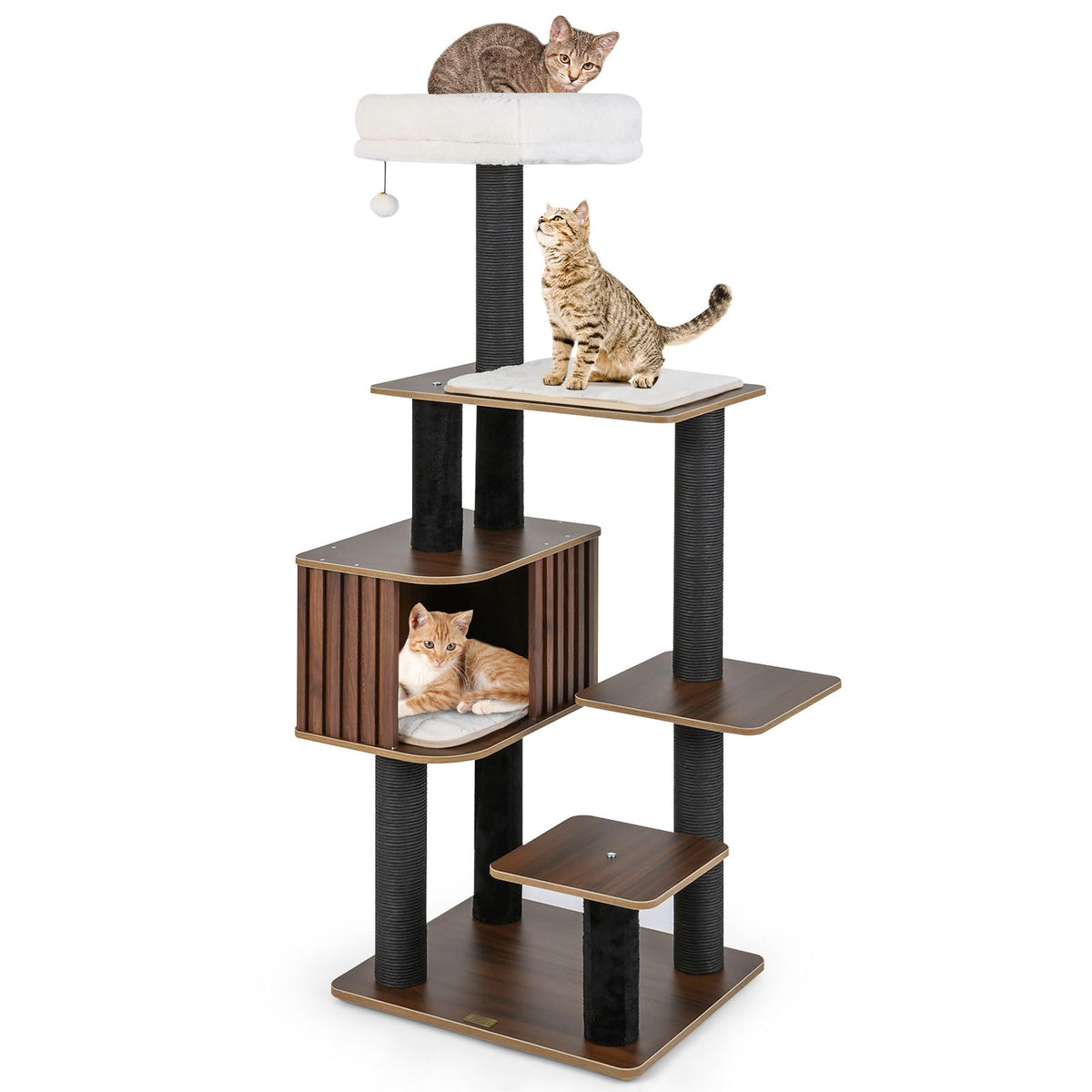 Multi-level Cat Tree for Indoor Cat 59.5 inch Tall Cat Tower with Cushion Top Perch-Brown-Cat Trees & Scratchers-DECOROLALA