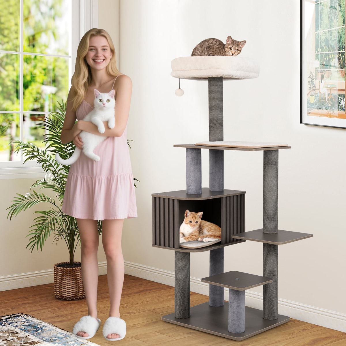 Multi-level Cat Tree for Indoor Cat 59.5 inch Tall Cat Tower with Cushion Top Perch-Gray-Cat Trees & Scratchers-DECOROLALA