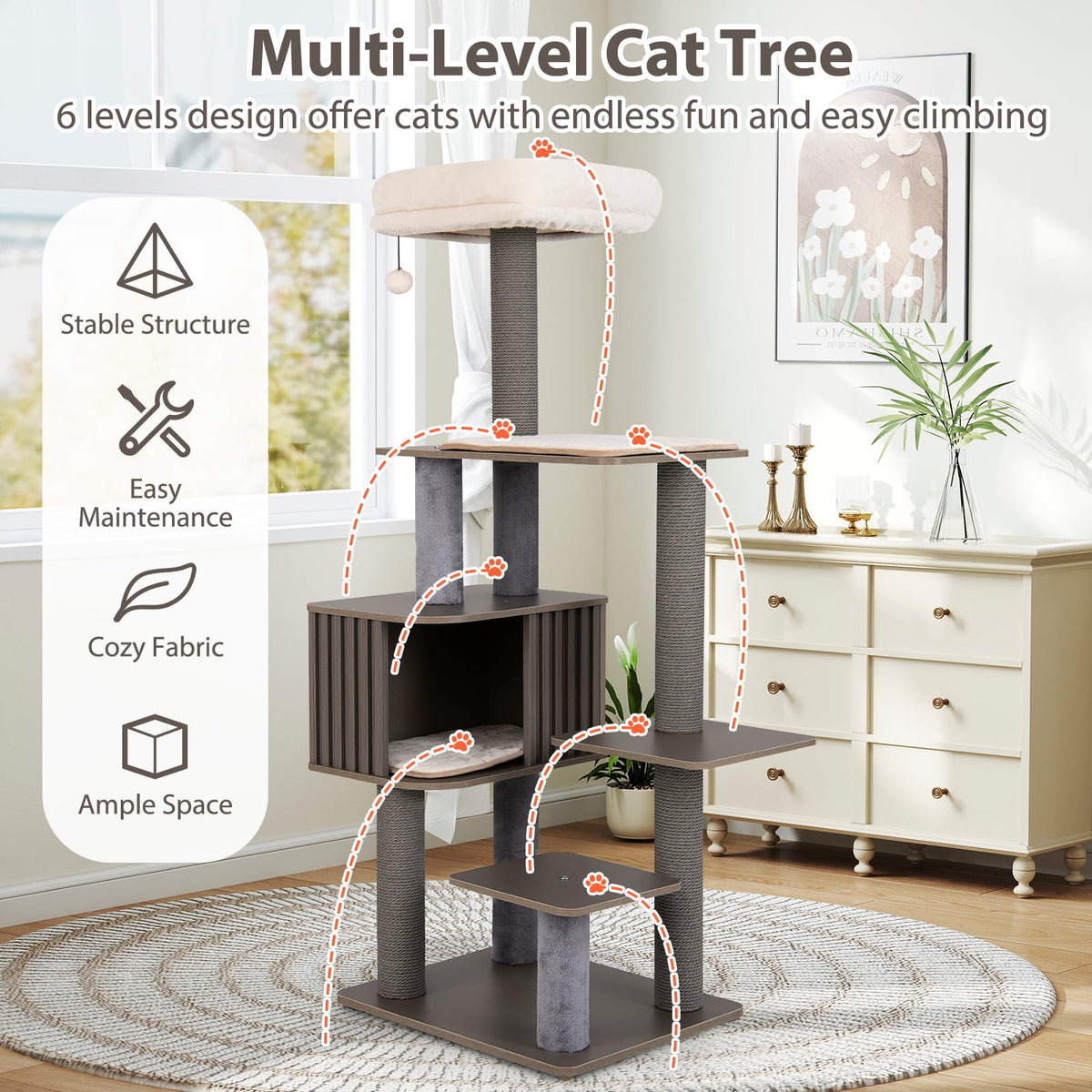 Multi-level Cat Tree for Indoor Cat 59.5 inch Tall Cat Tower with Cushion Top Perch-Gray-Cat Trees & Scratchers-DECOROLALA