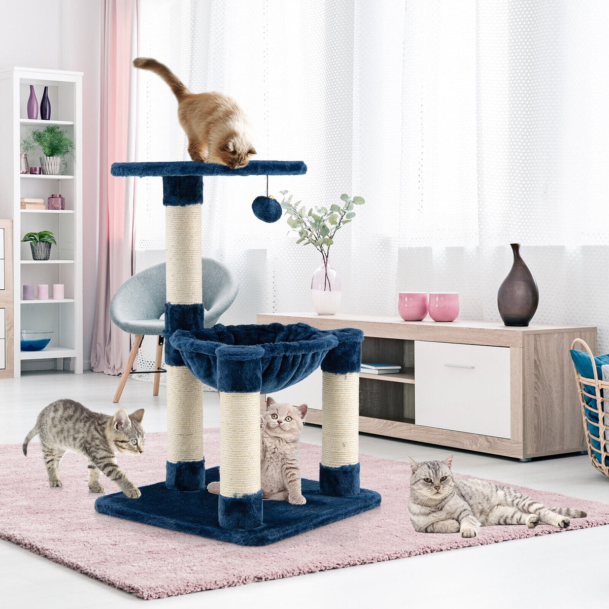 Multi-level Cat Tree with Scratching Posts and Cat Hammock-Blue-Cat Trees & Scratchers-DECOROLALA