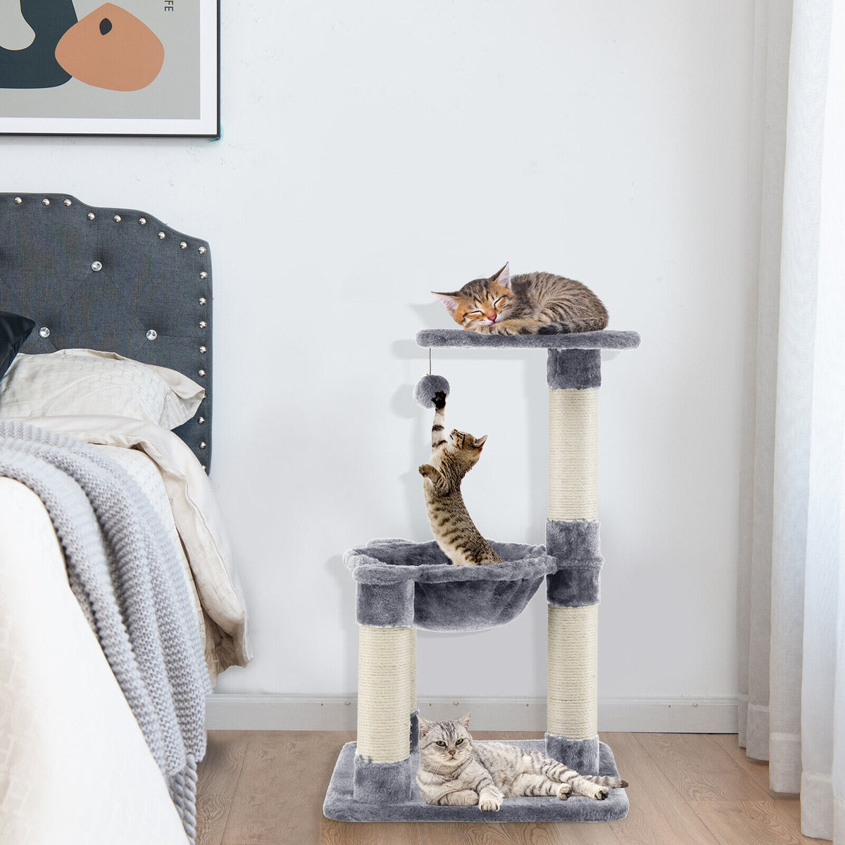 Multi-level Cat Tree with Scratching Posts and Cat Hammock-Gray-Cat Trees & Scratchers-DECOROLALA