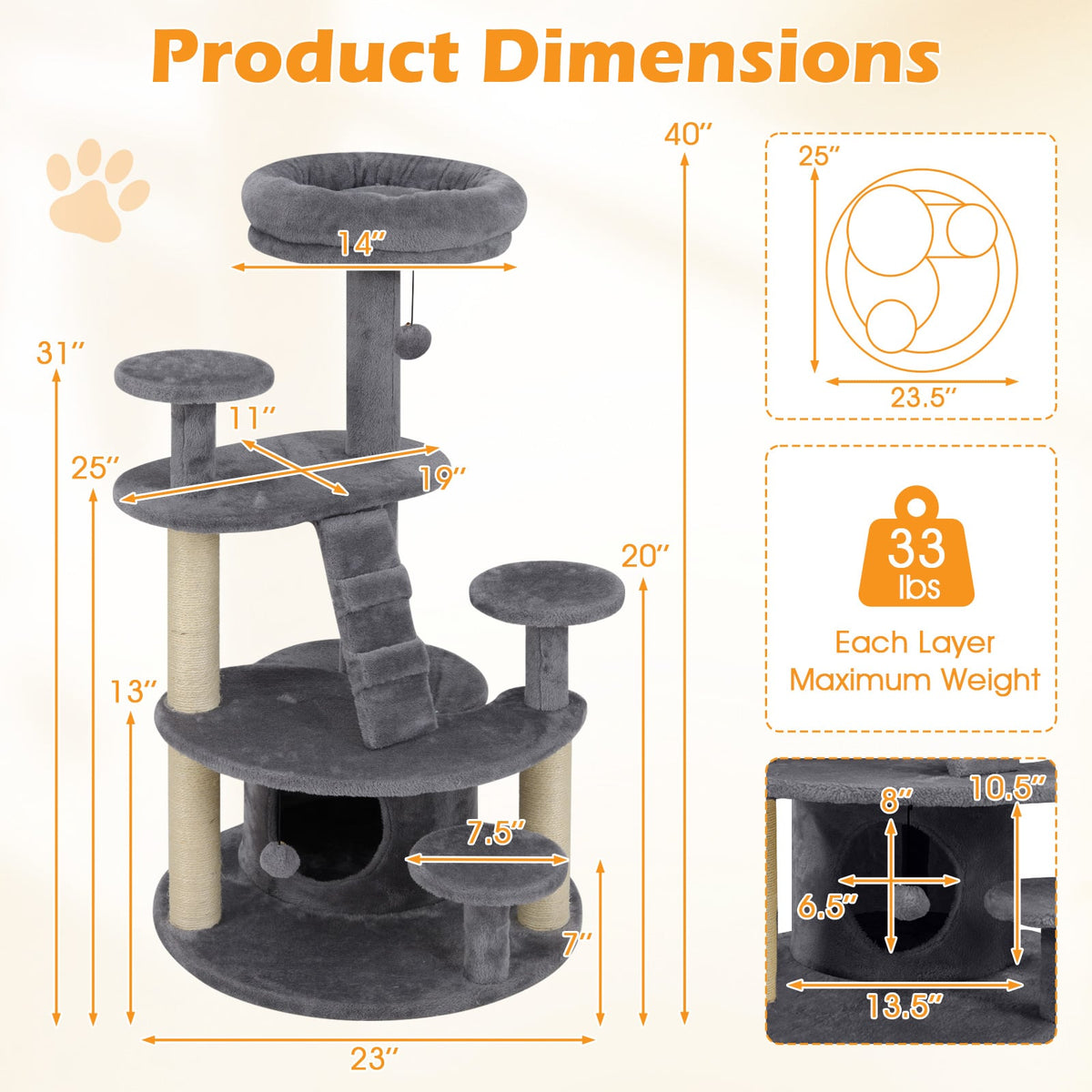 Multi-level Kitty Tower with Condo and Climbing Ladder-Gray-Cat Trees & Scratchers-DECOROLALA