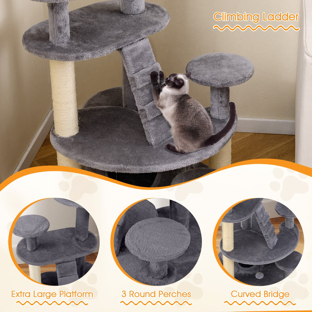 Multi-level Kitty Tower with Condo and Climbing Ladder-Gray-Cat Trees & Scratchers-DECOROLALA