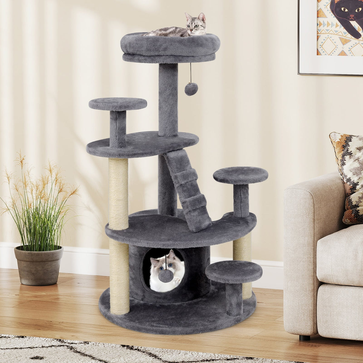Multi-level Kitty Tower with Condo and Climbing Ladder-Gray-Cat Trees & Scratchers-DECOROLALA