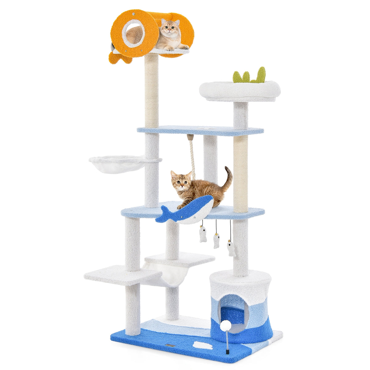 Multi-level Ocean-themed Cat Tree Tower with Sisal Covered Scratching Posts-Blue-Cat Trees & Scratchers-DECOROLALA
