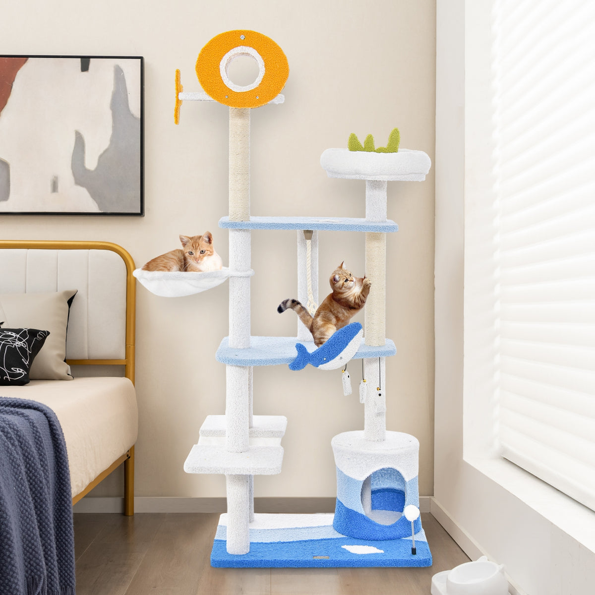 Multi-level Ocean-themed Cat Tree Tower with Sisal Covered Scratching Posts-Blue-Cat Trees & Scratchers-DECOROLALA