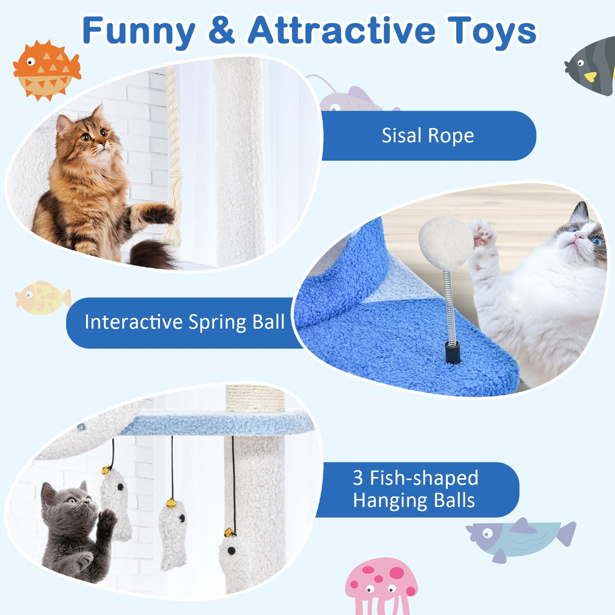 Multi-level Ocean-themed Cat Tree Tower with Sisal Covered Scratching Posts-Blue-Cat Trees & Scratchers-DECOROLALA