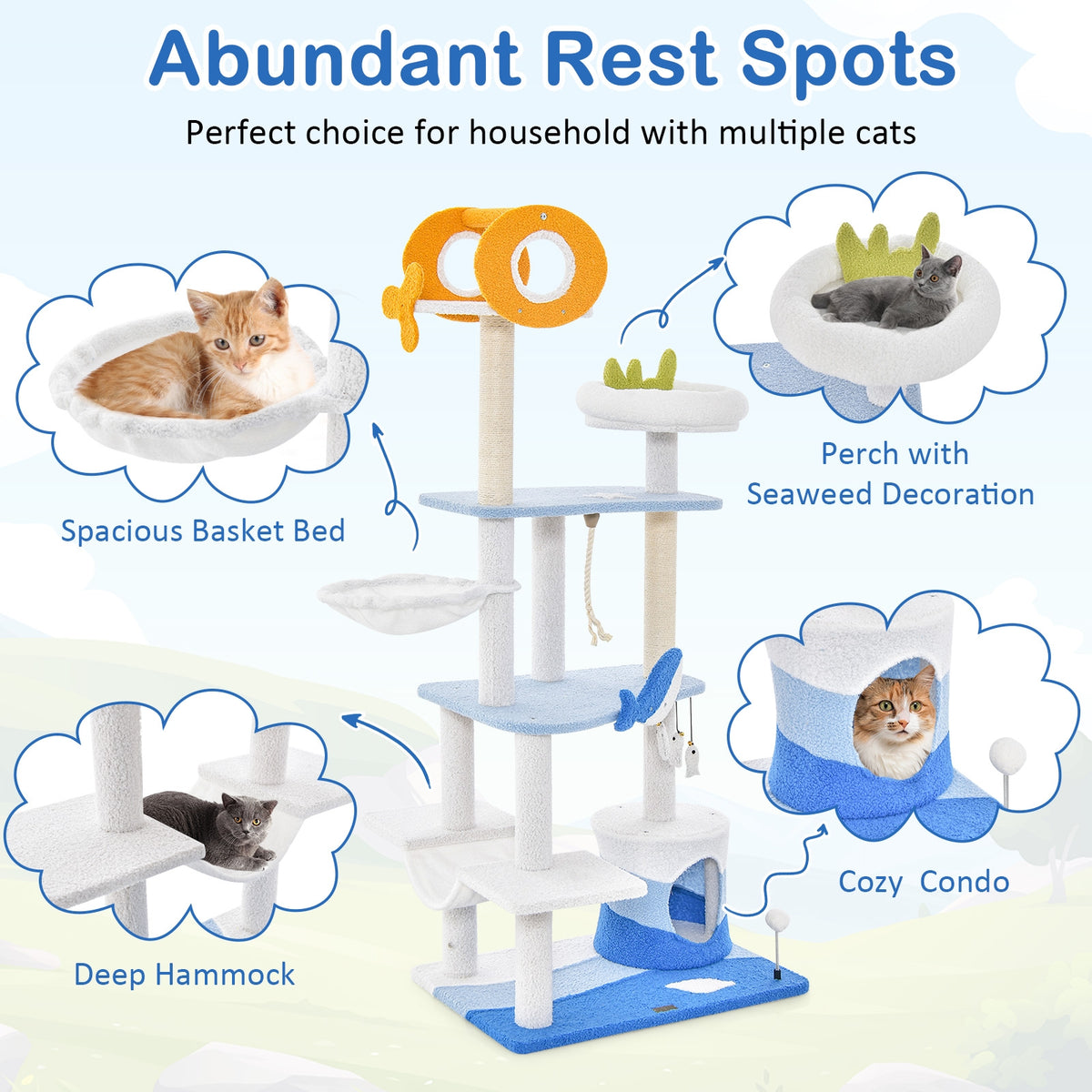 Multi-level Ocean-themed Cat Tree Tower with Sisal Covered Scratching Posts-Blue-Cat Trees & Scratchers-DECOROLALA