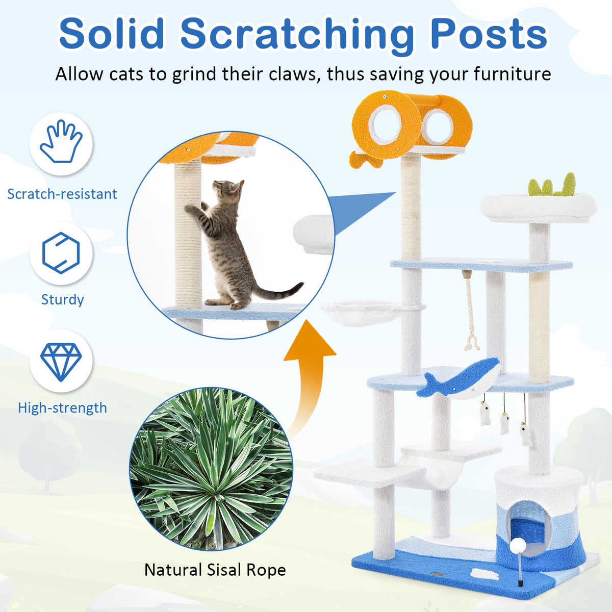 Multi-level Ocean-themed Cat Tree Tower with Sisal Covered Scratching Posts-Blue-Cat Trees & Scratchers-DECOROLALA