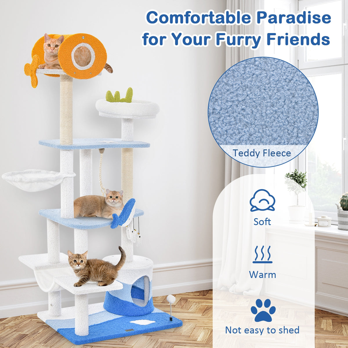 Multi-level Ocean-themed Cat Tree Tower with Sisal Covered Scratching Posts-Blue-Cat Trees & Scratchers-DECOROLALA