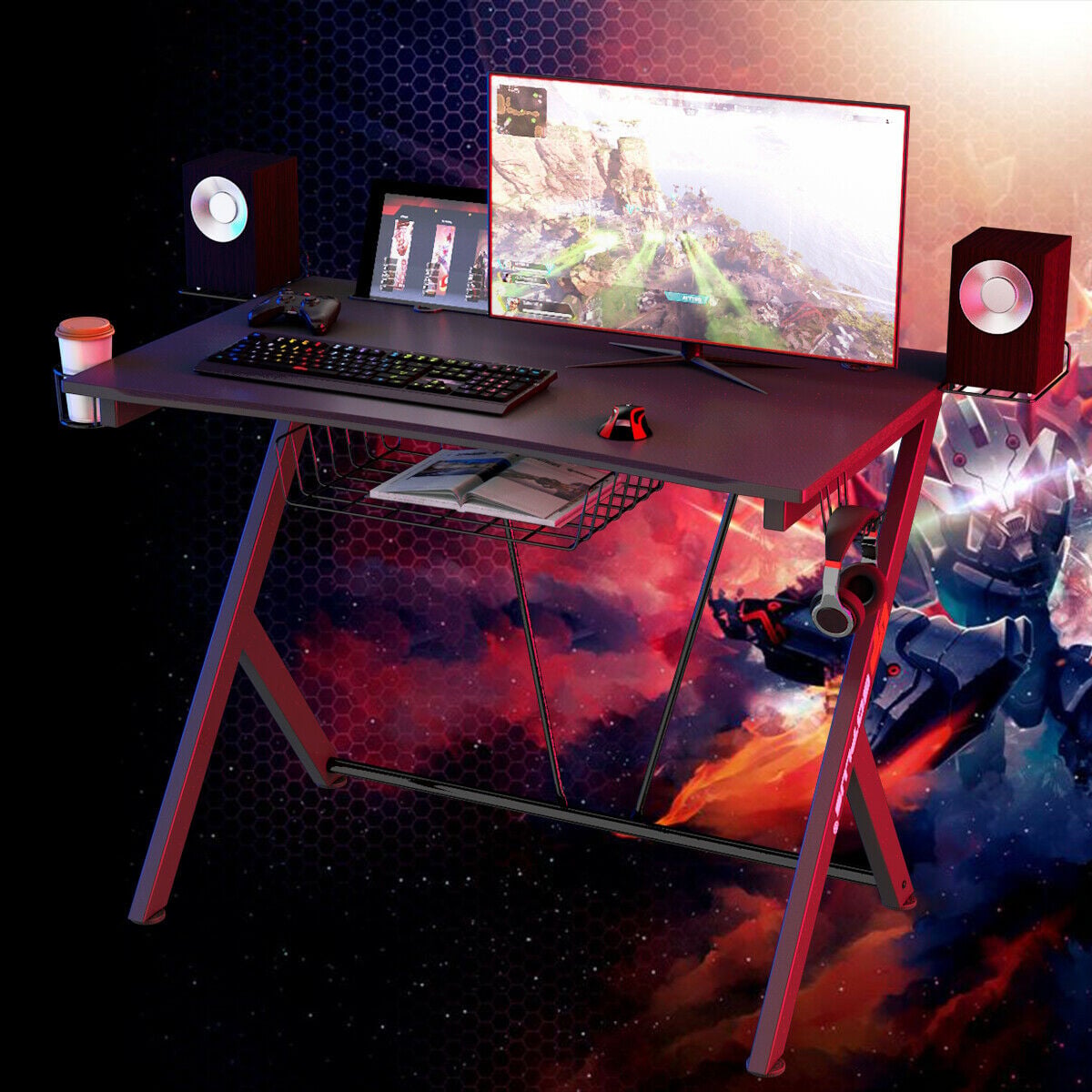 Multifunctional E-Sport Gaming Desk with Headset Hook and Cup Holder-Gaming Desks-DECOROLALA