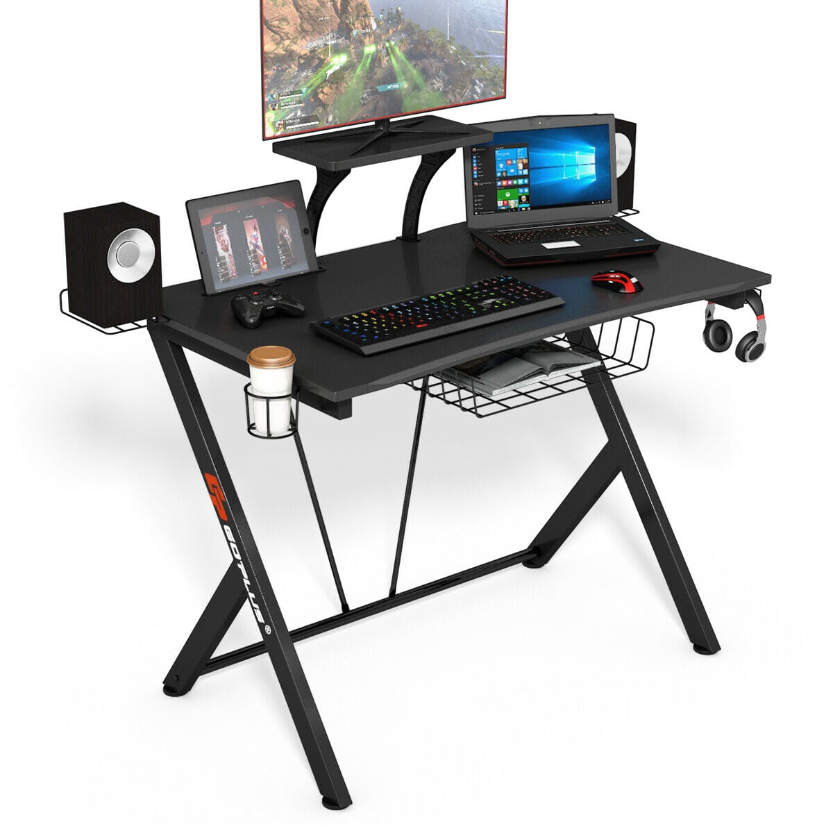 Multifunctional E-Sport Gaming Desk with Headset Hook and Cup Holder-Gaming Desks-DECOROLALA