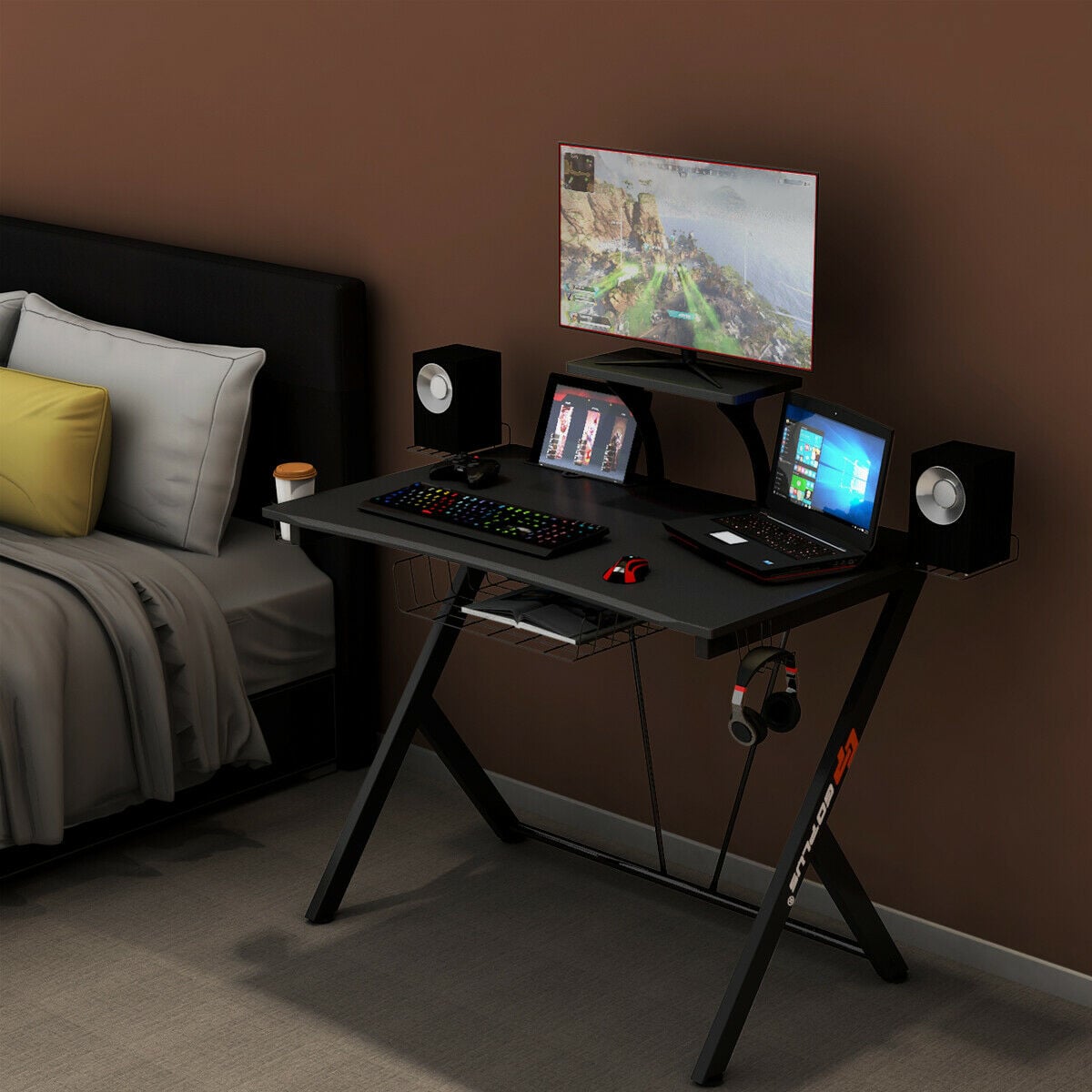 Multifunctional E-Sport Gaming Desk with Headset Hook and Cup Holder-Gaming Desks-DECOROLALA