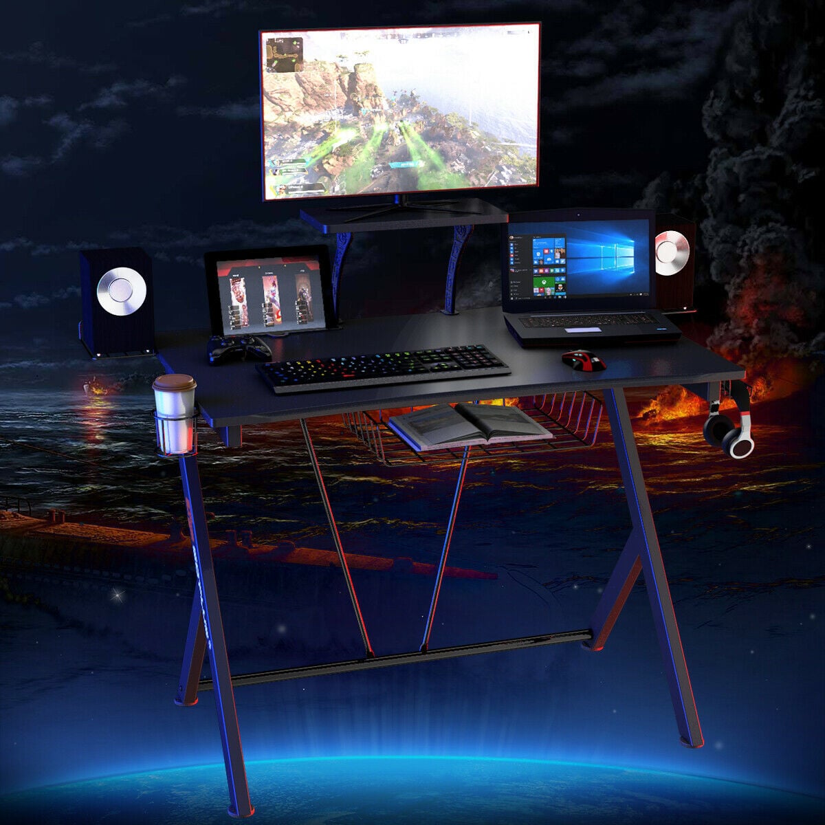 Multifunctional E-Sport Gaming Desk with Headset Hook and Cup Holder-Gaming Desks-DECOROLALA