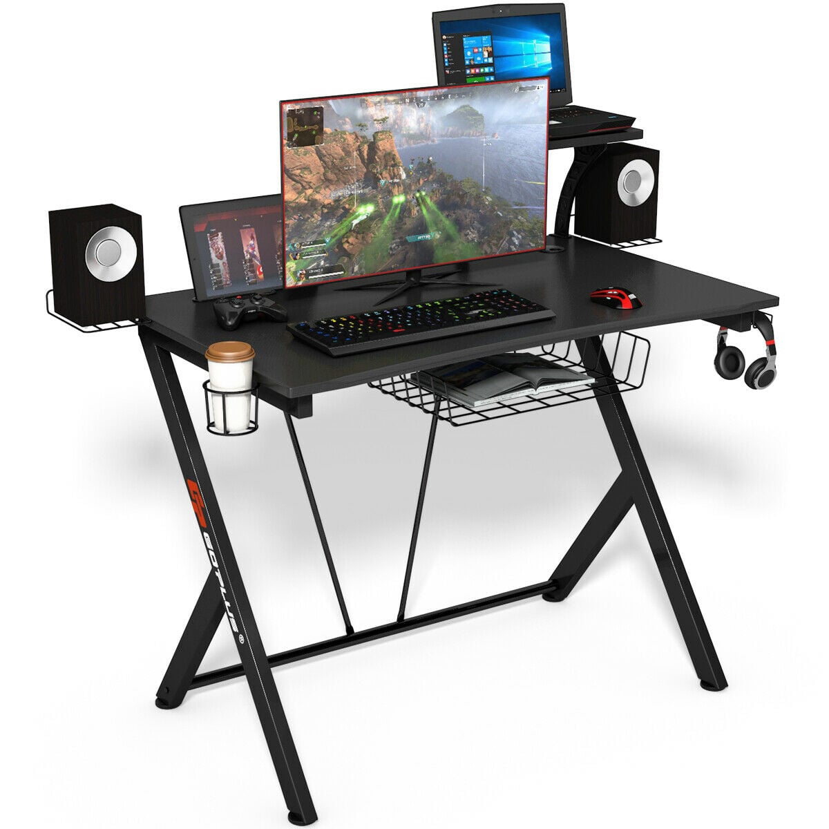 Multifunctional E-Sport Gaming Desk with Headset Hook and Cup Holder-Gaming Desks-DECOROLALA