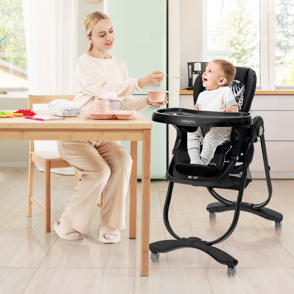 Multifunctional Folding Baby High Chair with Rolling Wheels and Adjustable Height-Black-High Chairs-DECOROLALA