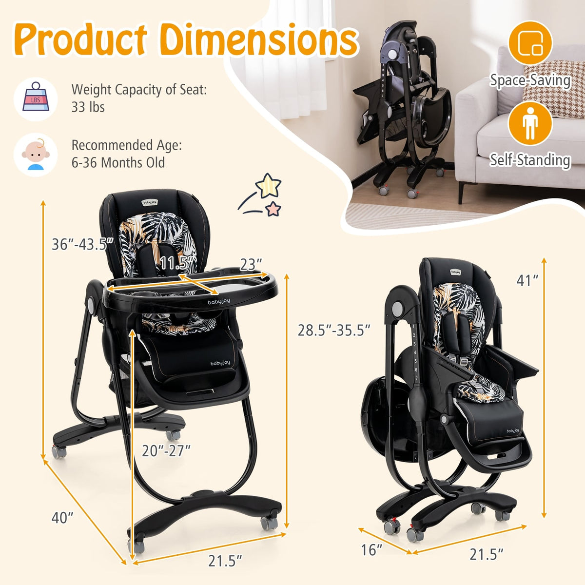 Multifunctional Folding Baby High Chair with Rolling Wheels and Adjustable Height-Black-High Chairs-DECOROLALA